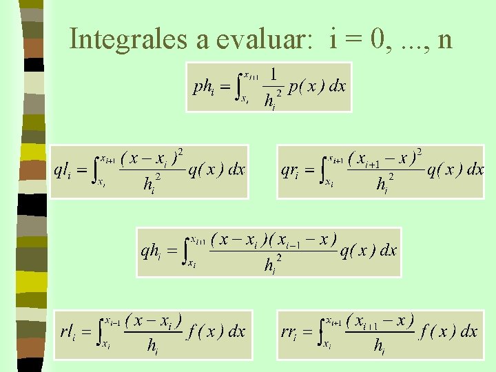 Integrales a evaluar: i = 0, . . . , n 