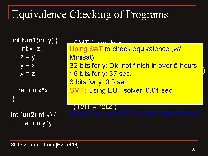 Equivalence Checking of Programs int fun 1(int y) { int x, z; z =