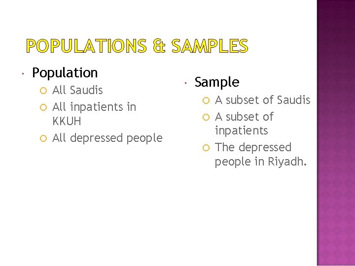 POPULATIONS & SAMPLES Population All Saudis All inpatients in KKUH All depressed people Sample