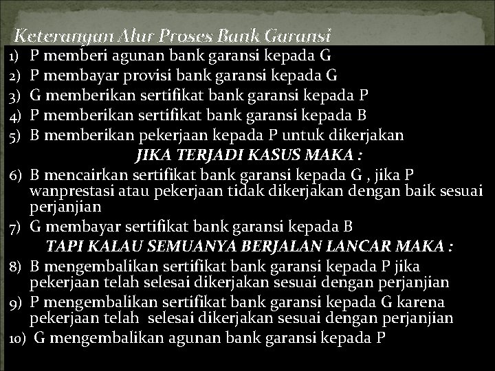 Keterangan Alur Proses Bank Garansi P memberi agunan bank garansi kepada G P membayar