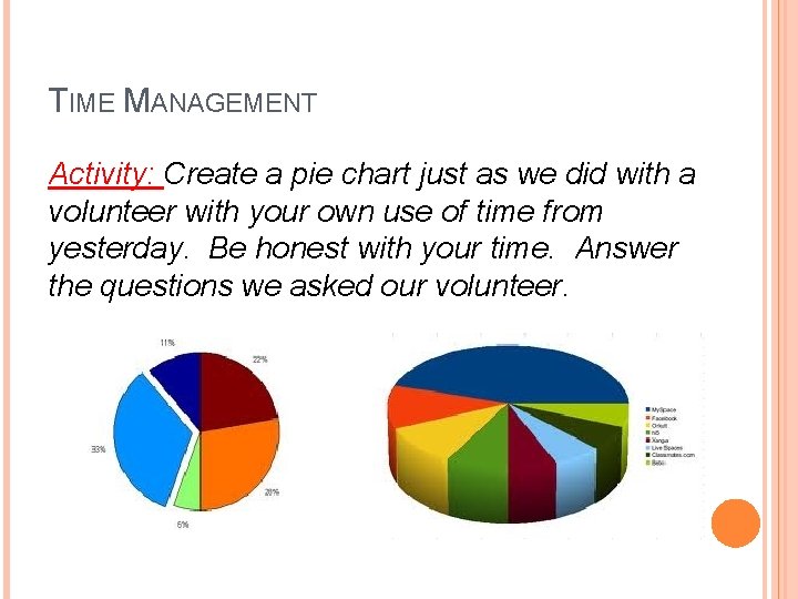 TIME MANAGEMENT Activity: Create a pie chart just as we did with a volunteer