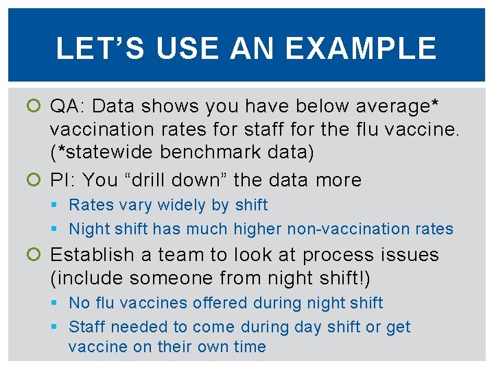 LET’S USE AN EXAMPLE QA: Data shows you have below average* vaccination rates for