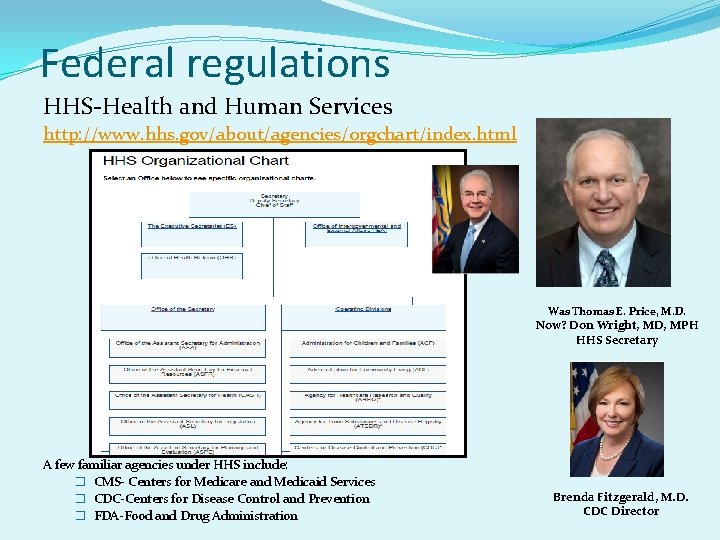 Federal regulations HHS-Health and Human Services http: //www. hhs. gov/about/agencies/orgchart/index. html Was Thomas E.