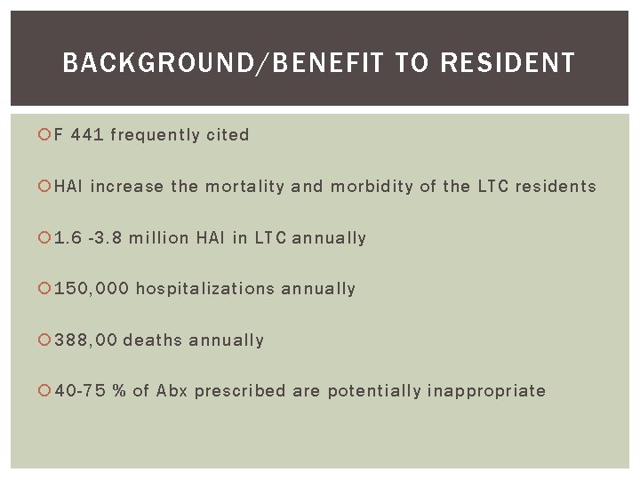 BACKGROUND/BENEFIT TO RESIDENT F 441 frequently cited HAI increase the mortality and morbidity of