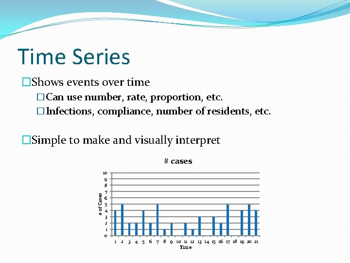 Time Series �Shows events over time �Can use number, rate, proportion, etc. �Infections, compliance,