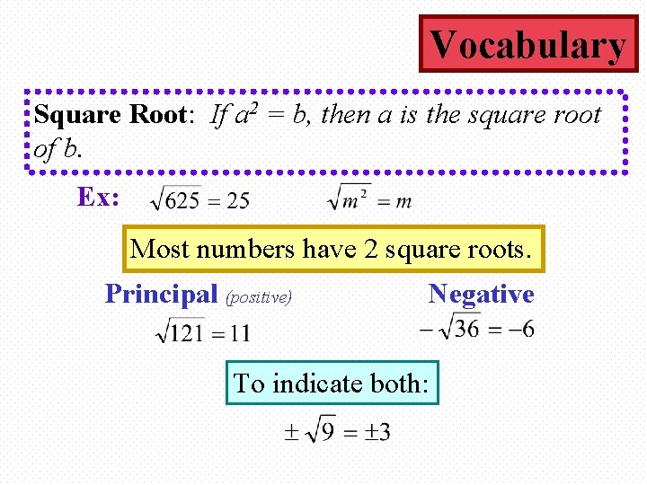 Vocabulary Square Root: If a 2 = b, then a is the square root Vocabulary Square Root: If a 2 = b, then a is the square root