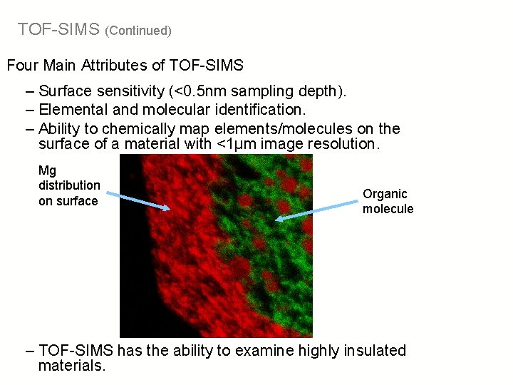 TOF-SIMS (Continued) Four Main Attributes of TOF-SIMS – Surface sensitivity (<0. 5 nm sampling