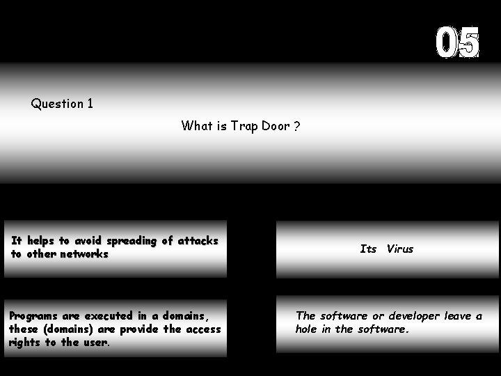 Question 1 What is Trap Door ? It helps to avoid spreading of attacks