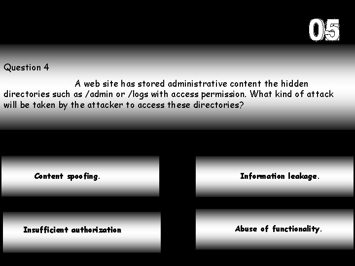 Question 4 A web site has stored administrative content the hidden directories such as