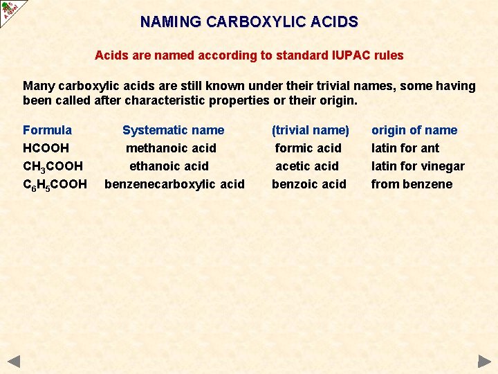 NAMING CARBOXYLIC ACIDS Acids are named according to standard IUPAC rules Many carboxylic acids