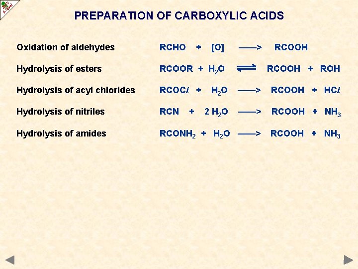 PREPARATION OF CARBOXYLIC ACIDS Oxidation of aldehydes RCHO + [O] Hydrolysis of esters RCOOR