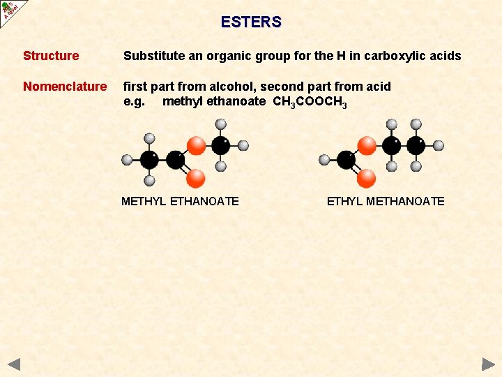 ESTERS Structure Substitute an organic group for the H in carboxylic acids Nomenclature first