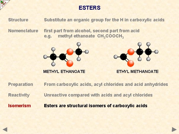 ESTERS Structure Substitute an organic group for the H in carboxylic acids Nomenclature first