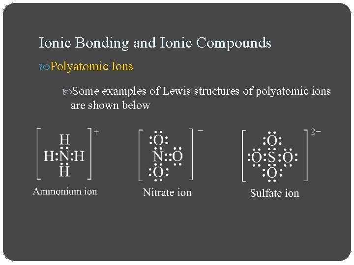 Ionic Bonding and Ionic Compounds Polyatomic Ions Some examples of Lewis structures of polyatomic Ionic Bonding and Ionic Compounds Polyatomic Ions Some examples of Lewis structures of polyatomic