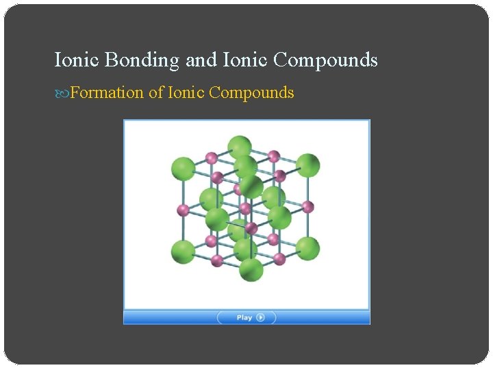 Ionic Bonding and Ionic Compounds Formation of Ionic Compounds 