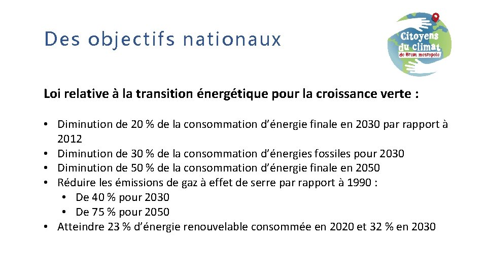 Des objectifs nationaux Loi relative à la transition énergétique pour la croissance verte :