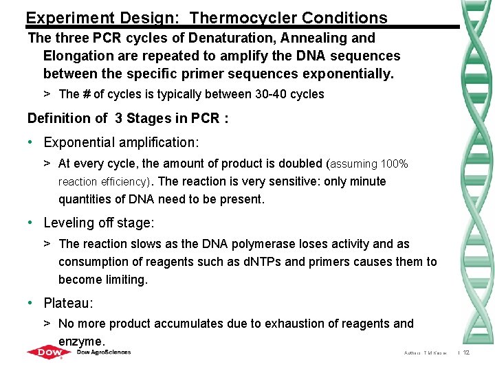 Experiment Design: Thermocycler Conditions The three PCR cycles of Denaturation, Annealing and Elongation are