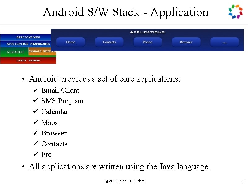 Android S/W Stack - Application • Android provides a set of core applications: ü