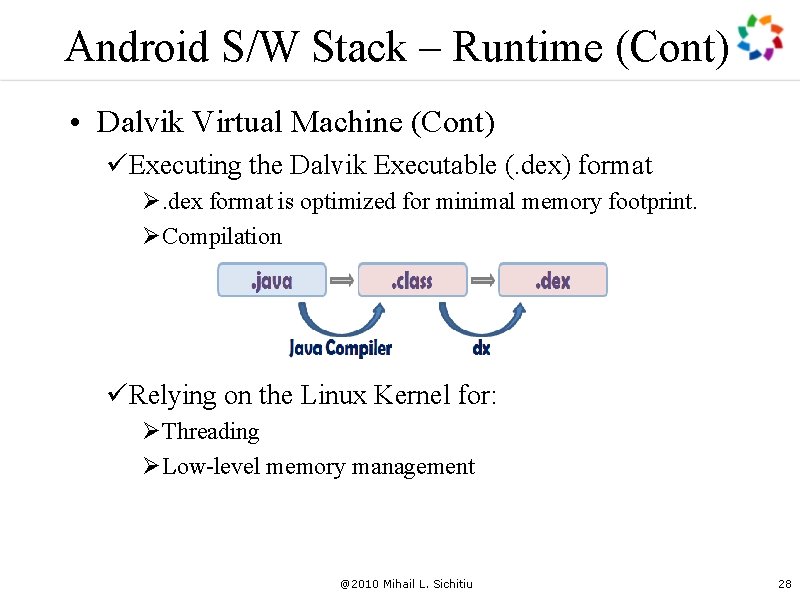 Android S/W Stack – Runtime (Cont) • Dalvik Virtual Machine (Cont) üExecuting the Dalvik