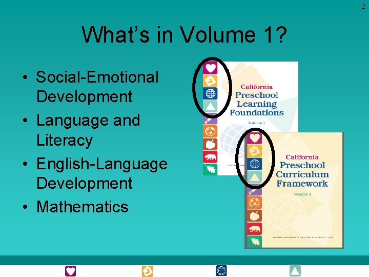 2 What’s in Volume 1? • Social-Emotional Development • Language and Literacy • English-Language