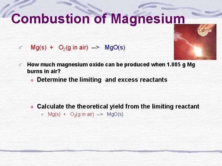 Combustion of Magnesium Mg(s) + O 2(g in air) --> Mg. O(s) How much