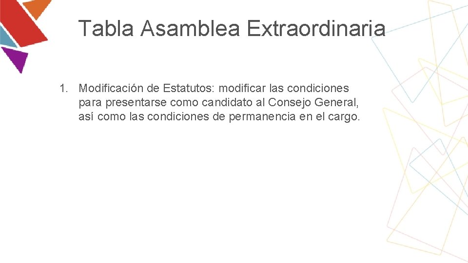 Tabla Asamblea Extraordinaria 1. Modificación de Estatutos: modificar las condiciones para presentarse como candidato