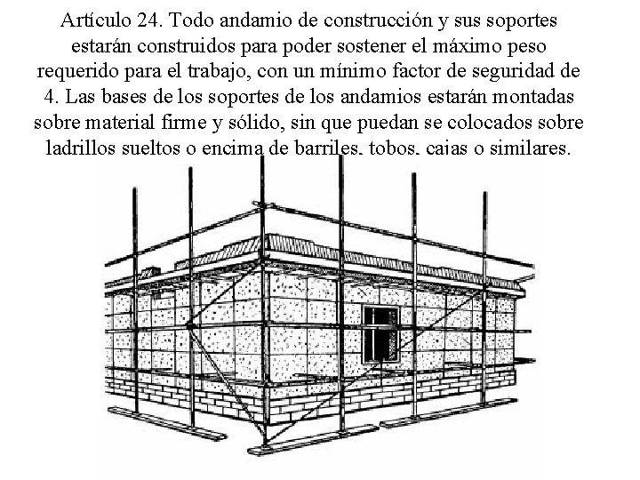 Artículo 24. Todo andamio de construcción y sus soportes estarán construidos para poder sostener