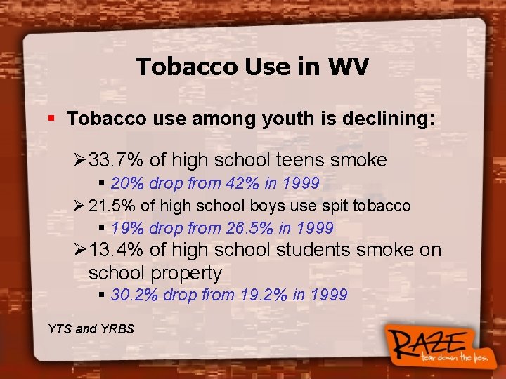 Tobacco Use in WV § Tobacco use among youth is declining: Ø 33. 7%