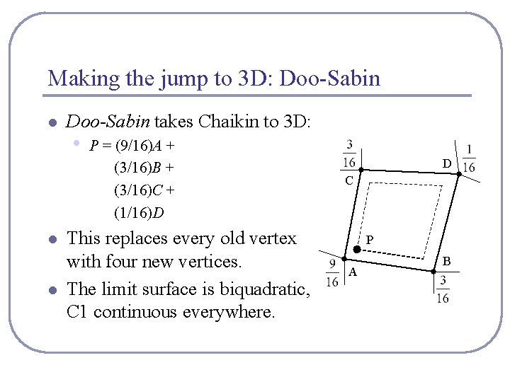 Making the jump to 3 D: Doo-Sabin l l l Doo-Sabin takes Chaikin to