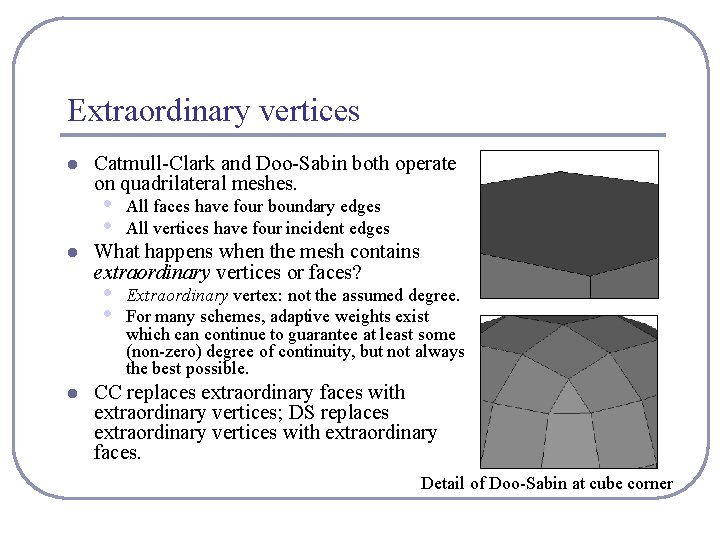 Extraordinary vertices l l l Catmull-Clark and Doo-Sabin both operate on quadrilateral meshes. •