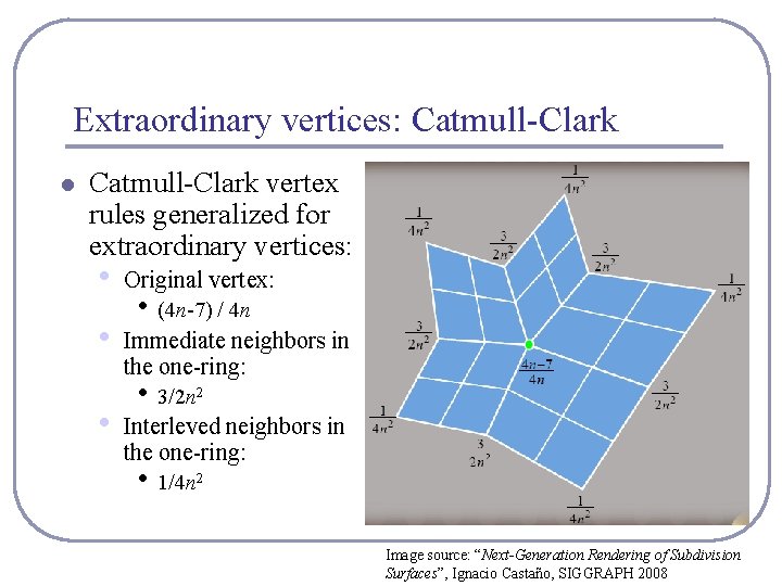 Extraordinary vertices: Catmull-Clark l Catmull-Clark vertex rules generalized for extraordinary vertices: • Original vertex: