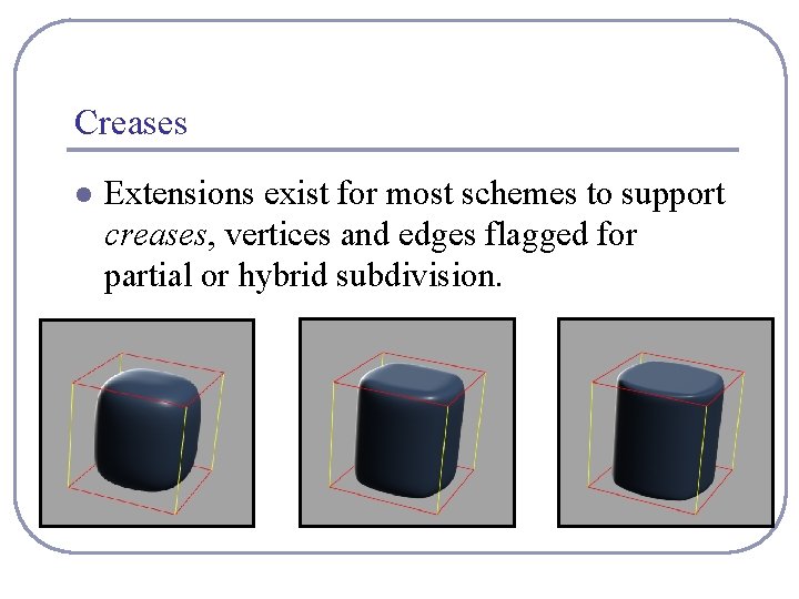 Creases l Extensions exist for most schemes to support creases, vertices and edges flagged