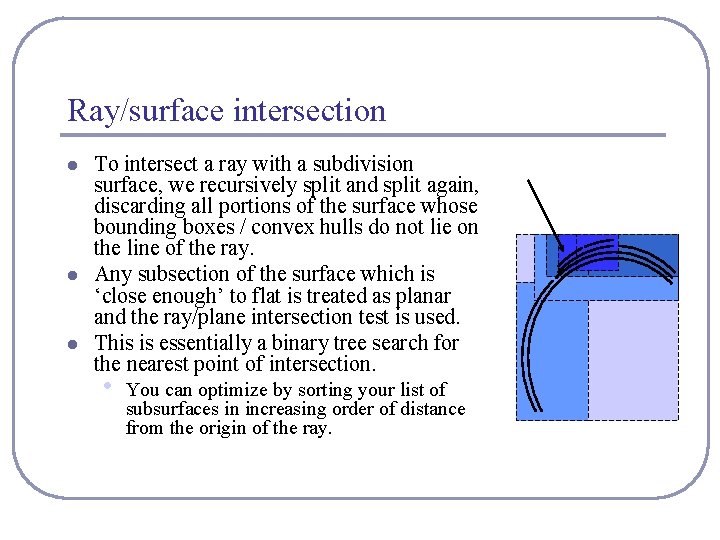 Ray/surface intersection l l l To intersect a ray with a subdivision surface, we