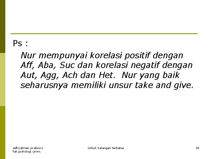 Ps : Nur mempunyai korelasi positif dengan Aff, Aba, Suc dan korelasi negatif dengan