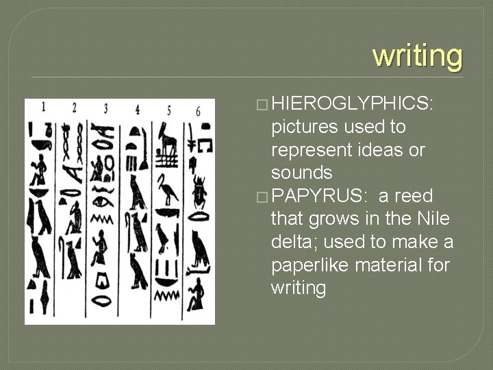 writing � HIEROGLYPHICS: pictures used to represent ideas or sounds � PAPYRUS: a reed