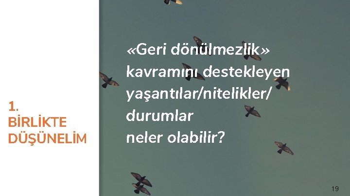 1. BİRLİKTE DÜŞÜNELİM «Geri dönülmezlik» kavramını destekleyen yaşantılar/nitelikler/ durumlar neler olabilir? 19 