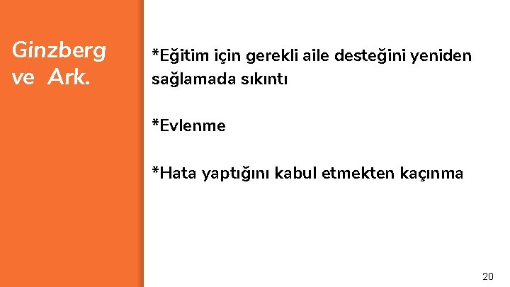 Ginzberg ve Ark. *Eğitim için gerekli aile desteğini yeniden sağlamada sıkıntı *Evlenme *Hata yaptığını