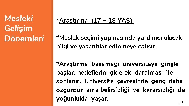 Mesleki Gelişim Dönemleri *Araştırma (17 – 18 YAŞ) *Meslek seçimi yapmasında yardımcı olacak bilgi