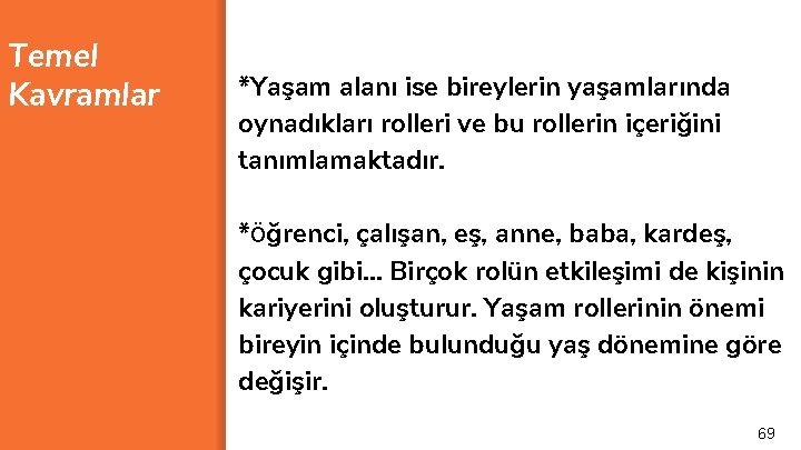 Temel Kavramlar *Yaşam alanı ise bireylerin yaşamlarında oynadıkları rolleri ve bu rollerin içeriğini tanımlamaktadır.