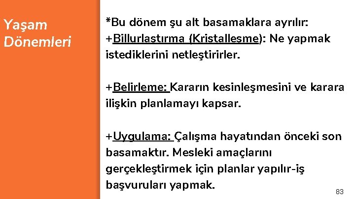 Yaşam Dönemleri *Bu dönem şu alt basamaklara ayrılır: +Billurlaştırma (Kristalleşme): Ne yapmak istediklerini netleştirirler.