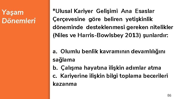 Yaşam Dönemleri *Ulusal Kariyer Gelişimi Ana Esaslar Çerçevesine göre beliren yetişkinlik döneminde desteklenmesi gereken