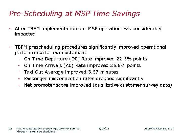 Pre-Scheduling at MSP Time Savings • After TBFM implementation our MSP operation was considerably