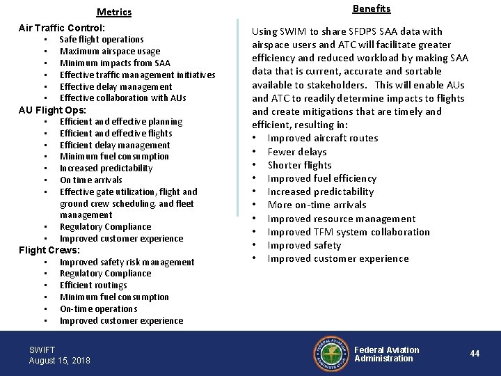 Metrics Air Traffic Control: • Safe flight operations • Maximum airspace usage • Minimum