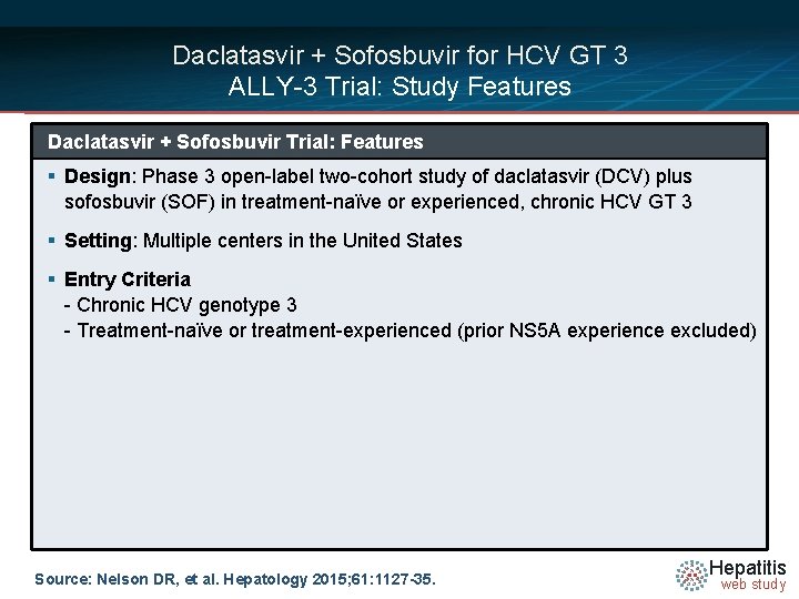 Daclatasvir + Sofosbuvir for HCV GT 3 ALLY-3 Trial: Study Features Daclatasvir + Sofosbuvir