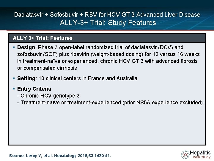 Daclatasvir + Sofosbuvir + RBV for HCV GT 3 Advanced Liver Disease ALLY-3+ Trial: