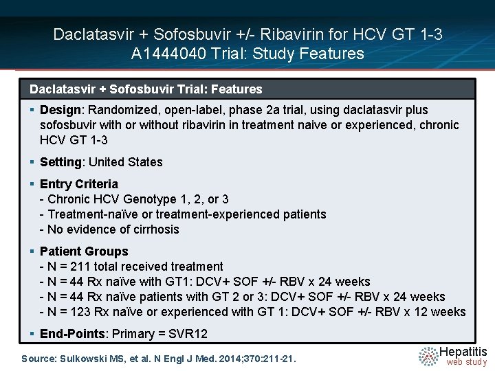 Daclatasvir + Sofosbuvir +/- Ribavirin for HCV GT 1 -3 A 1444040 Trial: Study