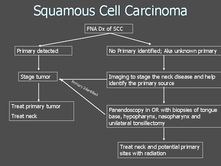 Squamous Cell Carcinoma FNA Dx of SCC Primary detected Stage tumor No Primary identified;