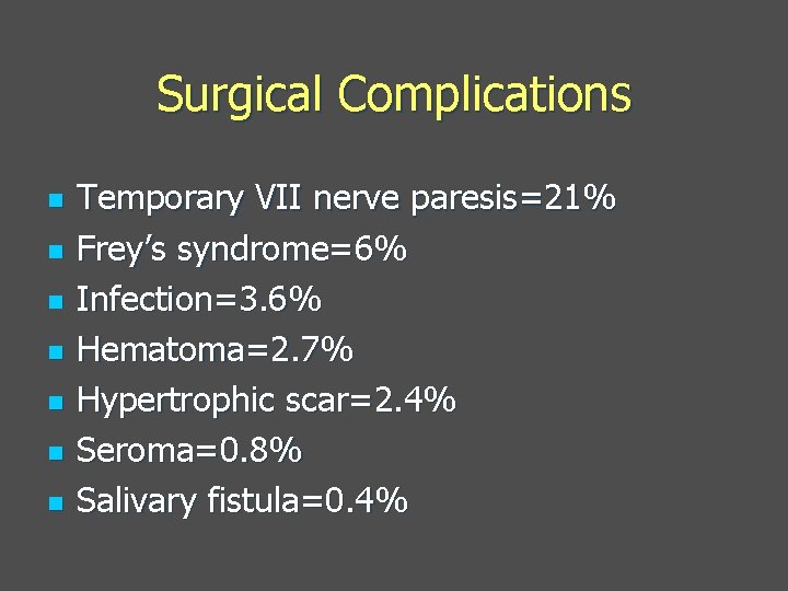 Surgical Complications n n n n Temporary VII nerve paresis=21% Frey’s syndrome=6% Infection=3. 6%