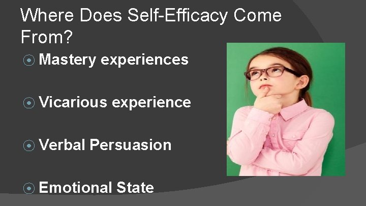 Where Does Self-Efficacy Come From? ⦿ Mastery experiences ⦿ Vicarious experience ⦿ Verbal Persuasion