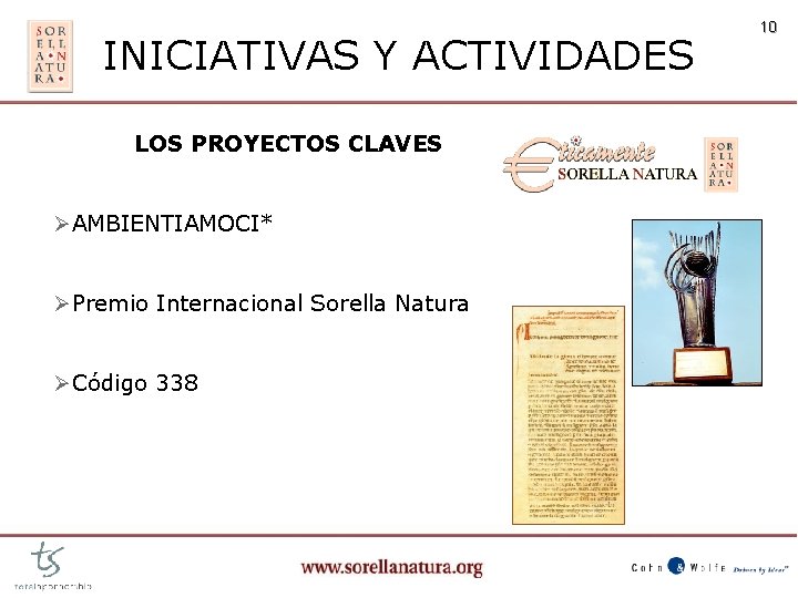 INICIATIVAS Y ACTIVIDADES LOS PROYECTOS CLAVES ØAMBIENTIAMOCI* ØPremio Internacional Sorella Natura ØCódigo 338 10